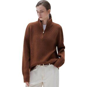 Women Caramel Oversized Cashmere Collared Ribbed Long Sleeve Sweater